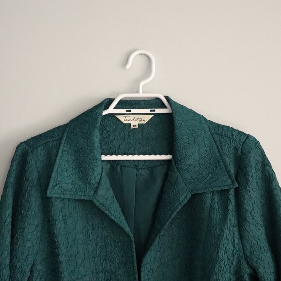 Vntg‎ Traditions Women's Sz 12 Green Crinkle Open Front Collared Lined Blazer - Picture 3 of 11